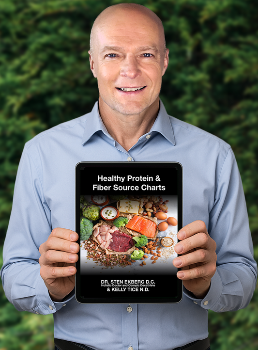 Dr. Sten Ekberg Holding Up "Healthy Protein and Fiber Source Charts" eBook by Dr. Sten Ekberg and Kelly Tice N.D.