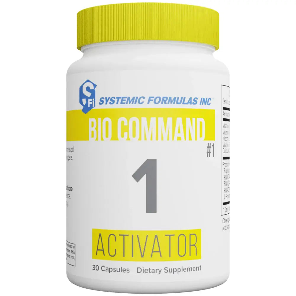 Supplement bottle labeled 'Bio Command 1 Activator' by Systemic Formulas Inc. on a white background.
