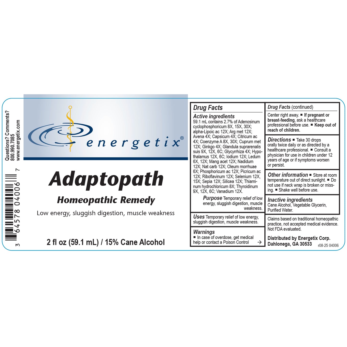 Energetix Adaptopath homeopathic remedy label on a white background