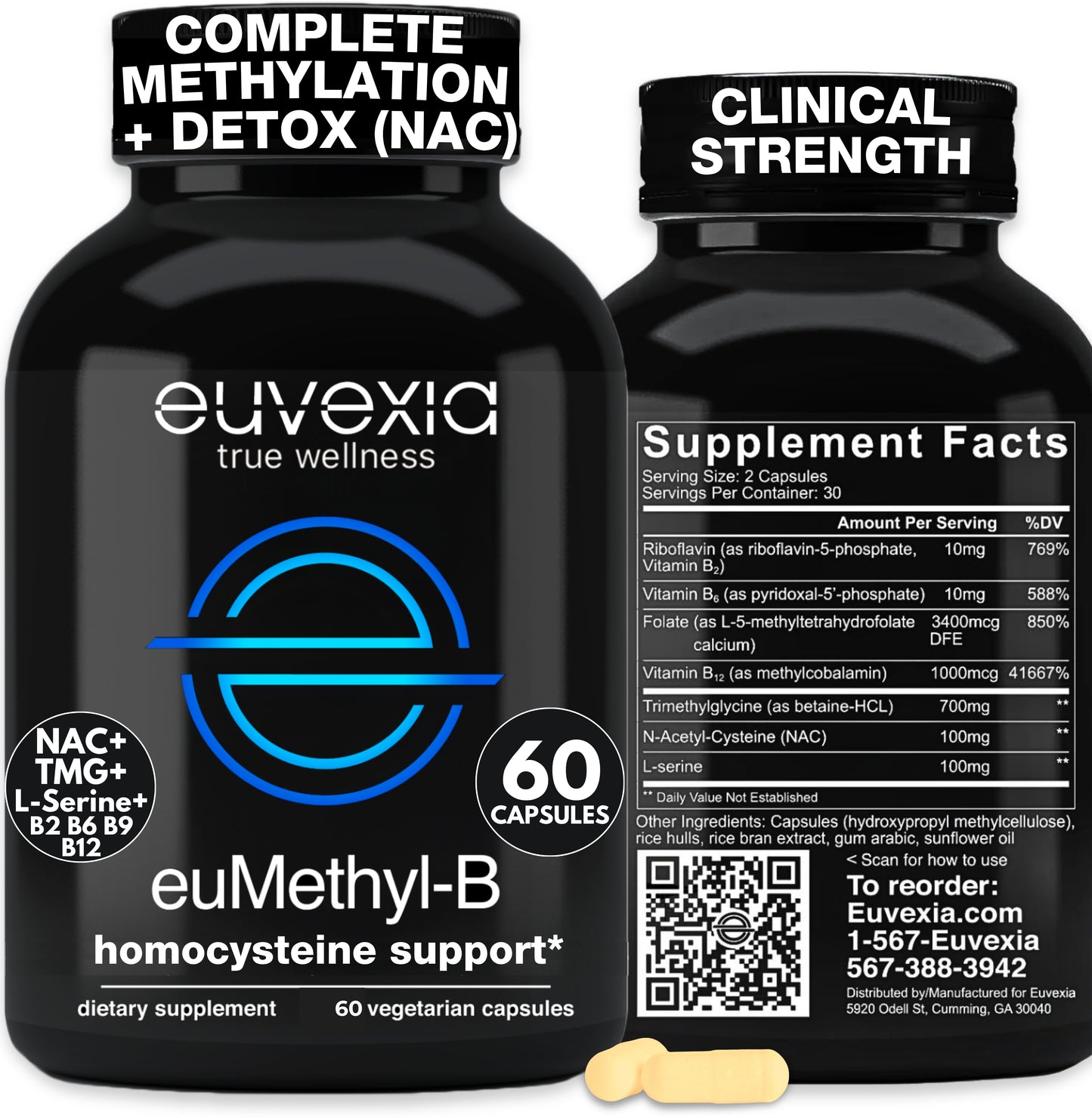 Two black supplement bottles of euVexia euMethyl-B dietary supplement with a small yellow capsule in front, on a white background.