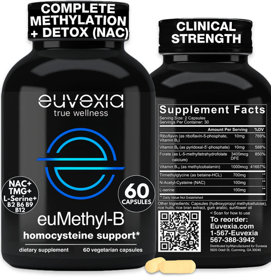 Two black supplement bottles of euVexia euMethyl-B dietary supplement with a small yellow capsule in front, on a white background.