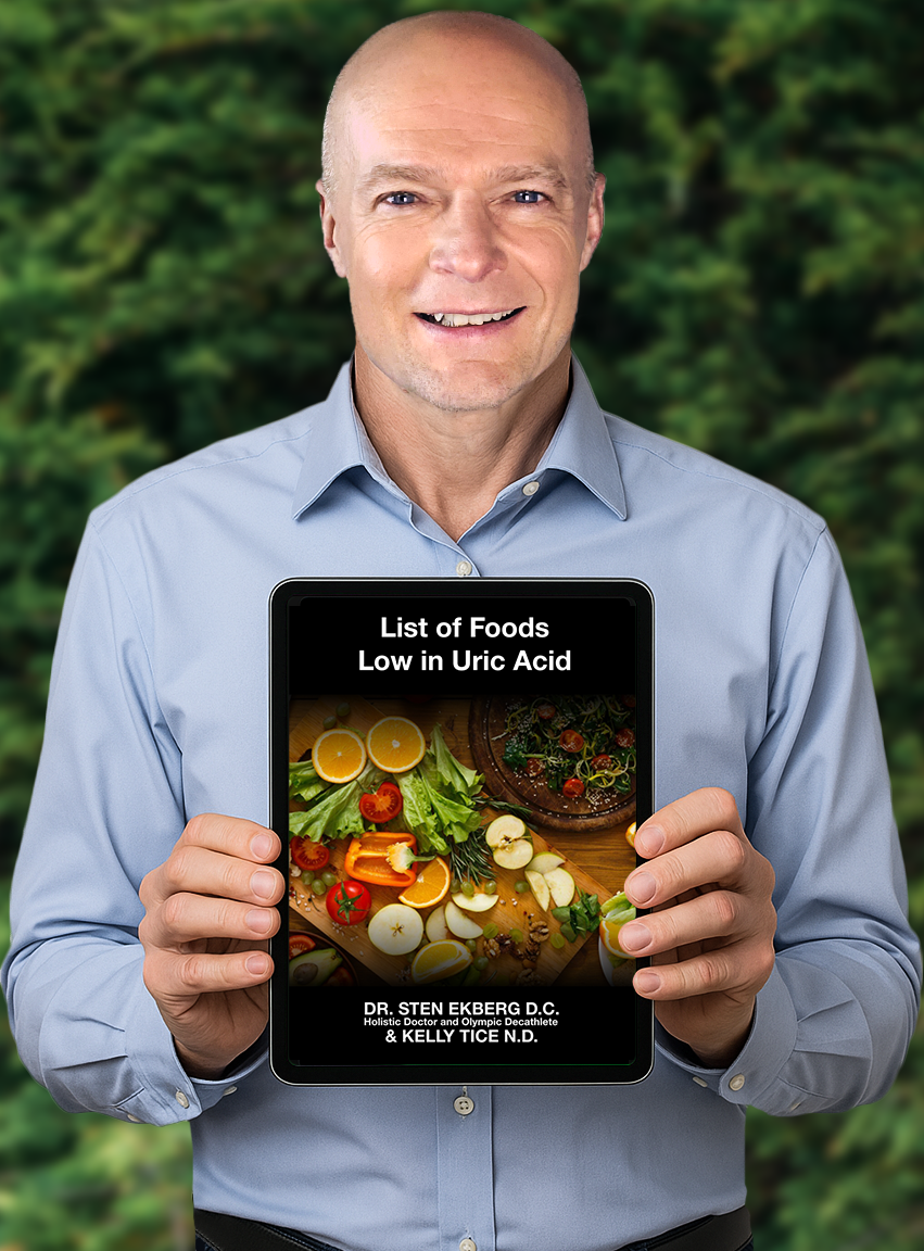 Dr. Sten Ekberg Holding "List of Foods Low in Uric Acid" eBook by Dr. Sten Ekberg and Kelly Tice N.D.