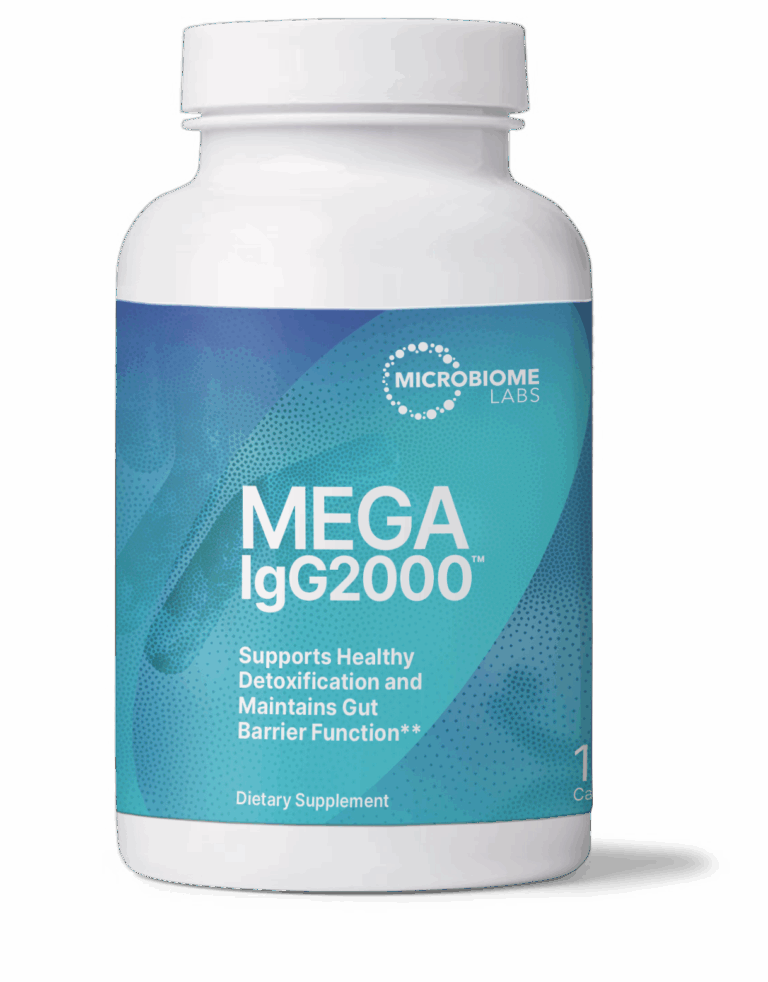 Supplement bottle labeled 'Mega IgG2000' by Microbiome Labs on a black background