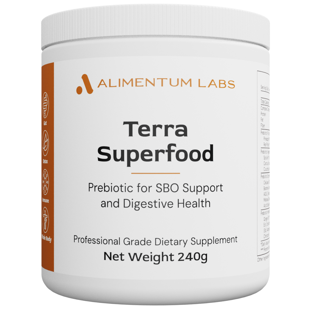 Supplement container labeled 'Terra Superfood' by Alimentum Labs on a white background
