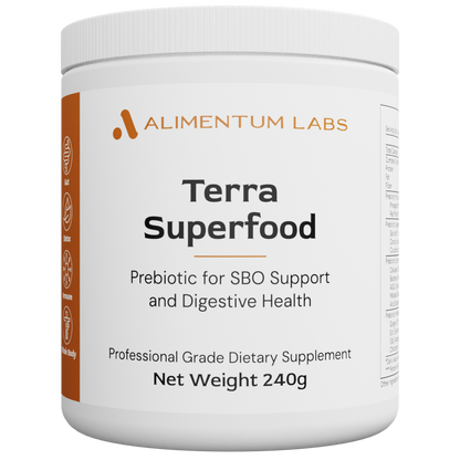 Supplement container labeled 'Terra Superfood' by Alimentum Labs on a white background