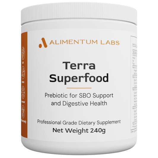 Supplement container labeled 'Terra Superfood' by Alimentum Labs on a white background