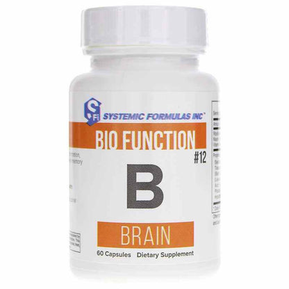 Supplement bottle labeled 'Bio Function B Brain' by Systemic Formulas Inc on a white background