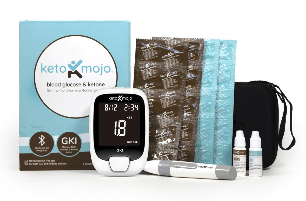 Keto-mojo GK+ Bluetooth Glucose & Ketone Testing Kit + Free App for Ketosis & Diabetes Management. 20 Blood Test Strips (10 Each), Meter, 20 Lancets